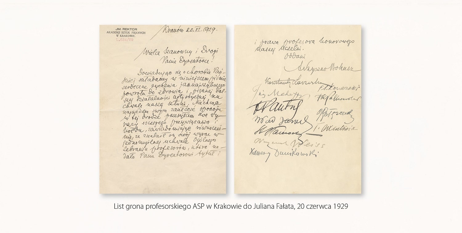 Karty listu Rektora i jedenastu profesorów Akademii Sztuk Pięknych w Krakowie do Juliana Fałata, napisanego 20 czerwca 1929, dotyczącego nadaniu malarzowi tytułu i praw profesora honorowego krakowskiej ASP 